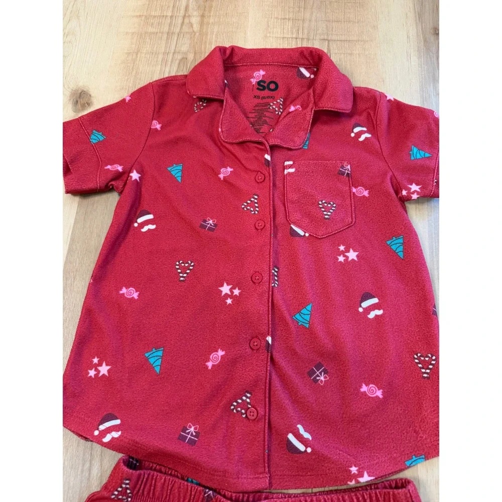 SO Girls Christmas Pajama Set Red Fleece Short Sleeve Shirt Shorts XS 6 6X